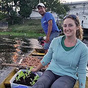 Inset: Dr. Leann Andrews seated in small boat on the water next to seedlings in soil. Background: Lush green plants.