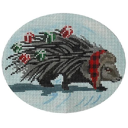 The pattern was stitched on 14 count white aida cloth, it is pictured in a six inch wooden hoop. Porcupine Scott Church Needlepoint Com