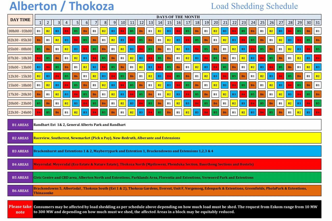 Load shedding is a function of available generation capacity. Loadshedding Schedule For Alberton And Thokoza Tame Times Newspaper