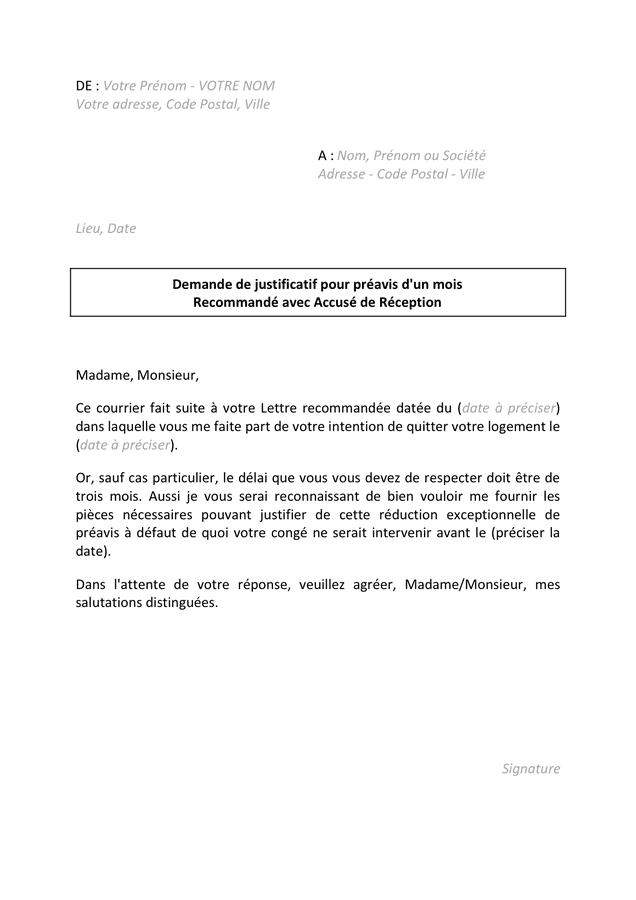 lettre appartement préavis 1 mois