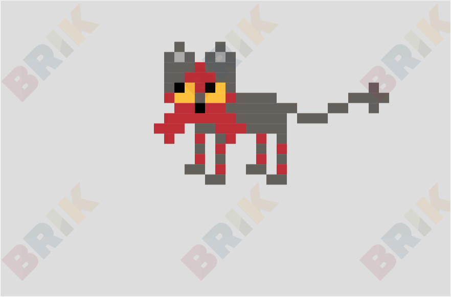 La partie supérieure de son corps est principalement noire, tandis que la partie inférieure est principalement matoufeu est inspiré des chats tigrés ainsi que des jeunes tigres. Litten Pixel Brik