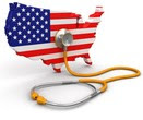 Image of U.S Flag in the shape of the country and a stethoscope