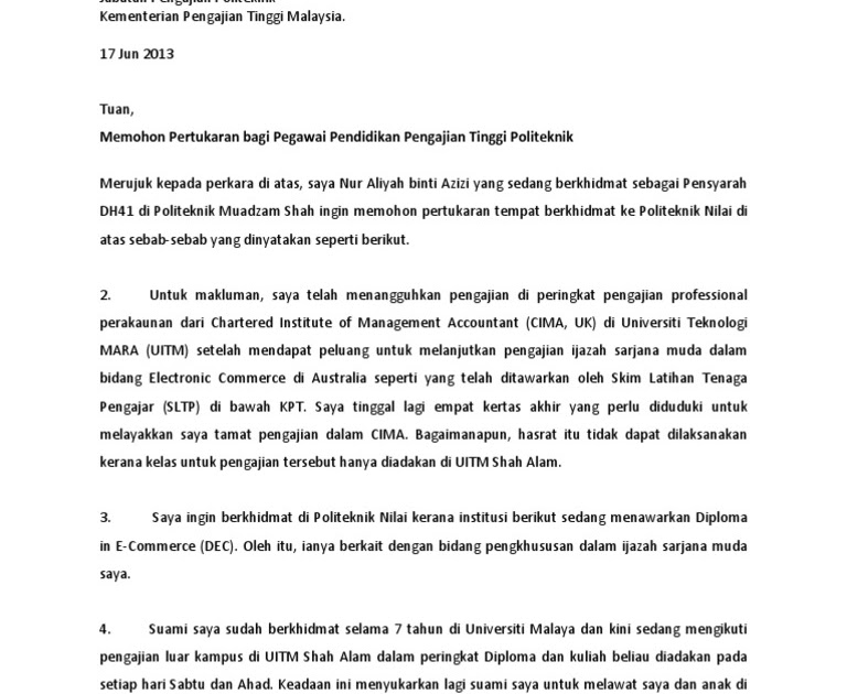 Contoh Surat Rasmi Permohonan Pertukaran Tempat Kerja 