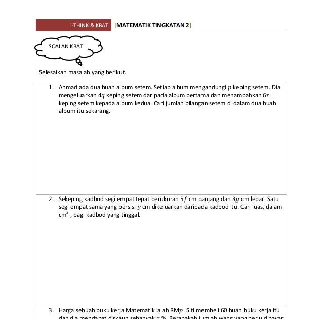 Soalan Matematik Tingkatan 2 Ungkapan Algebra - Terengganu x