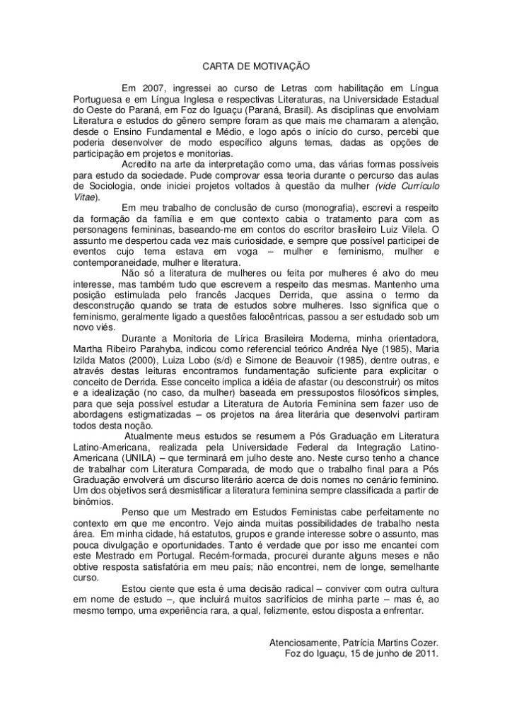 Carta De Motivacao Intercambio Exemplo - New Sample q