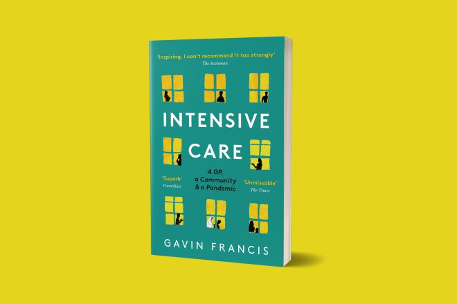 Image of a book cover on a yellow background. The book cover is turquoise with 8 yellow square windows illustrated, each with a black figure outlined within.