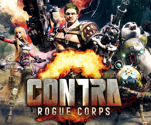 The playable characters of CONTRA: ROGUE CORPS gather behind the game's title logo.