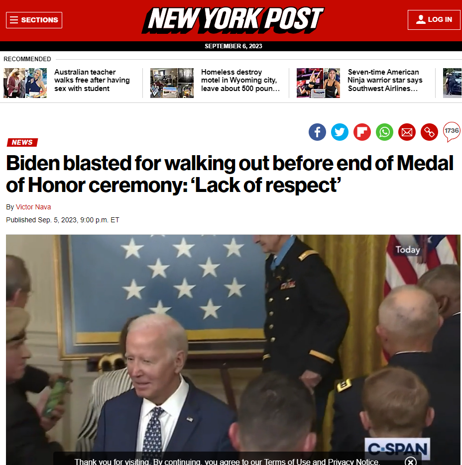 Newspaper cliiping showing Biden walking off stage for no reason.