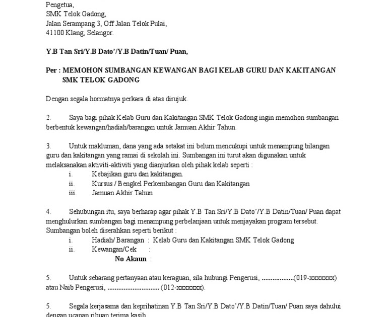 Contoh Surat Sokongan Bantuan Kewangan