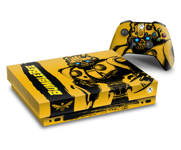 A customized, black and yellow Xbox One X console designed to match Bumblebee.