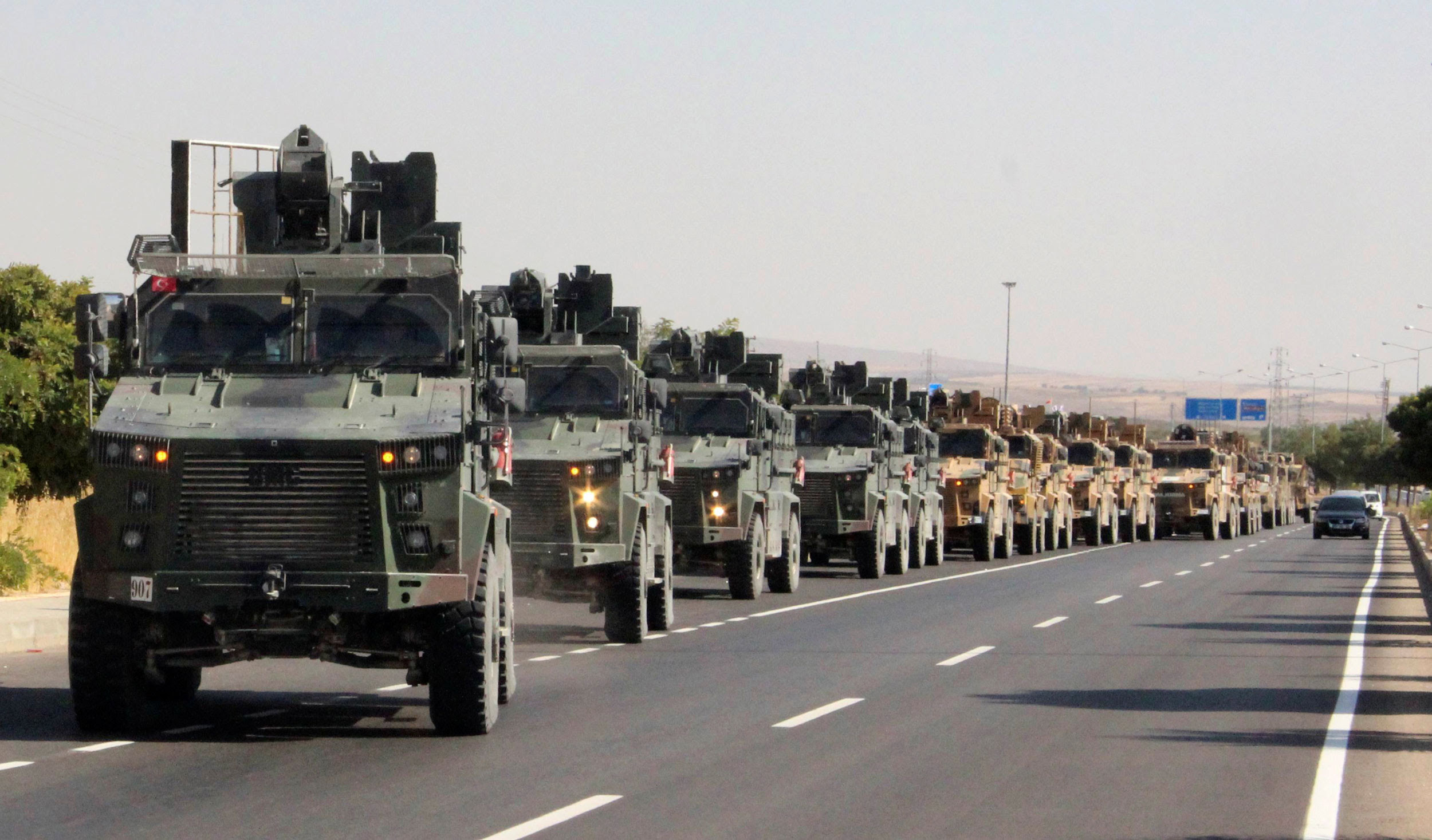 A Turkish miltary convoy is pictured in Kilis near the Turkish-Syrian border, Turkey.