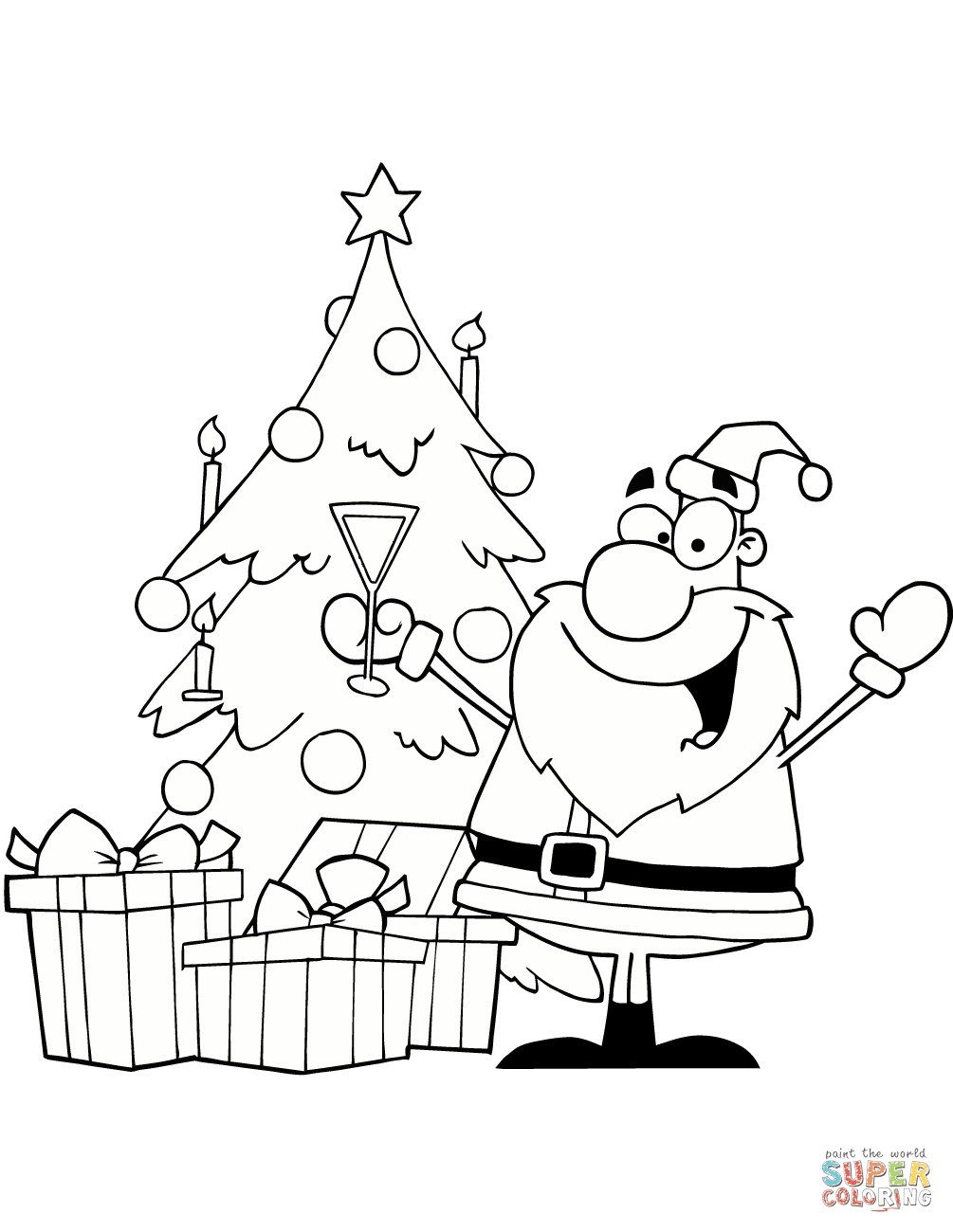 Santa claus christmas tree coloring pages. Santa Drinking Champagne By A Christmas Tree Coloring Page Free Printable Coloring Pages