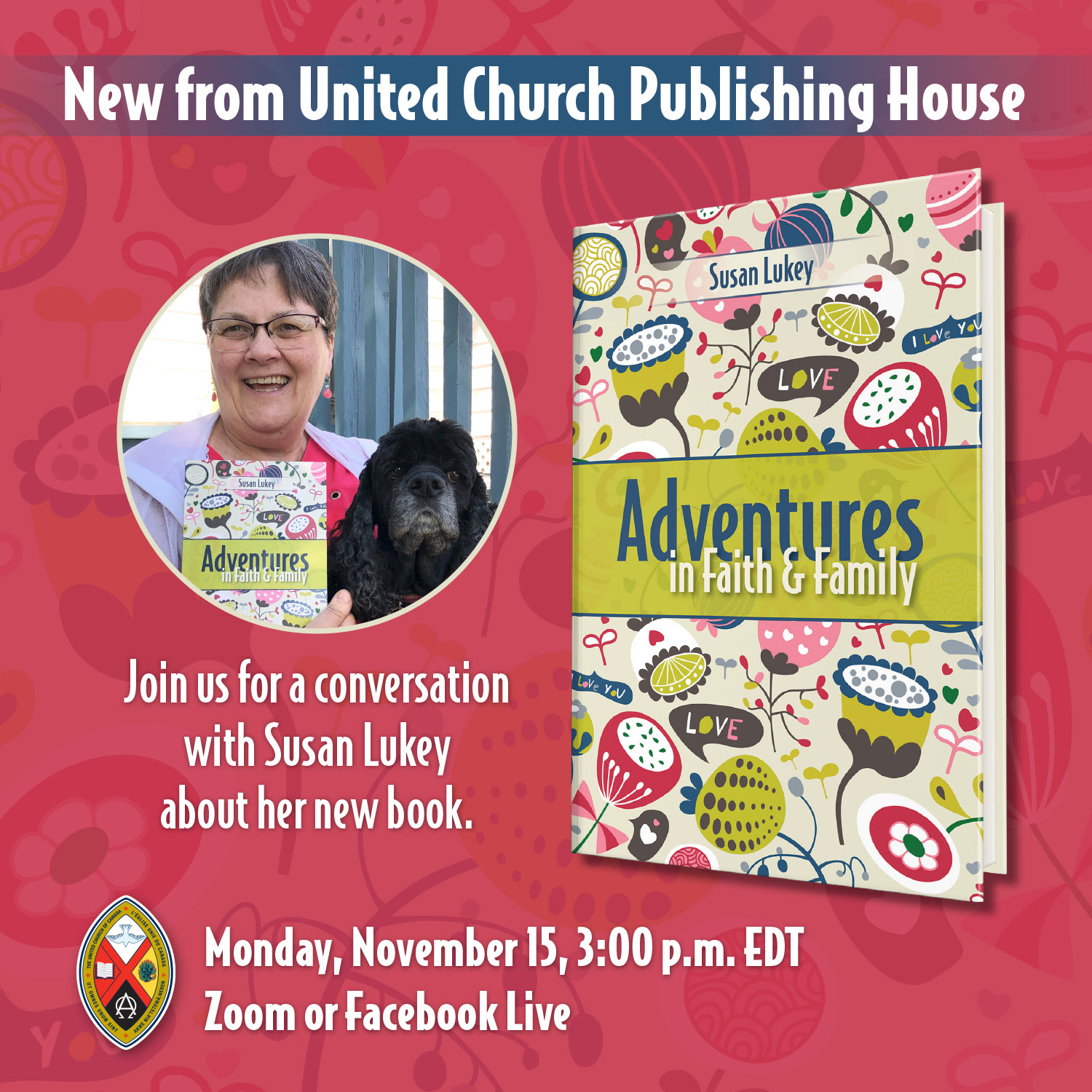 Graphic image promoting the event, featuring a photo of Susan and her dog, and an image of the book cover.