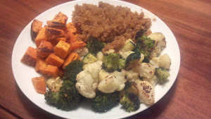 The broccoli, cauliflower and potatoes are roasted in the oven to give it a little more of a smoky slightly crunchy texture. Roasted Part 4 Sweet Potatoes Broccoli Cauliflower Zucchini Seasoned Quinoa Clean Eating Veggie Girl