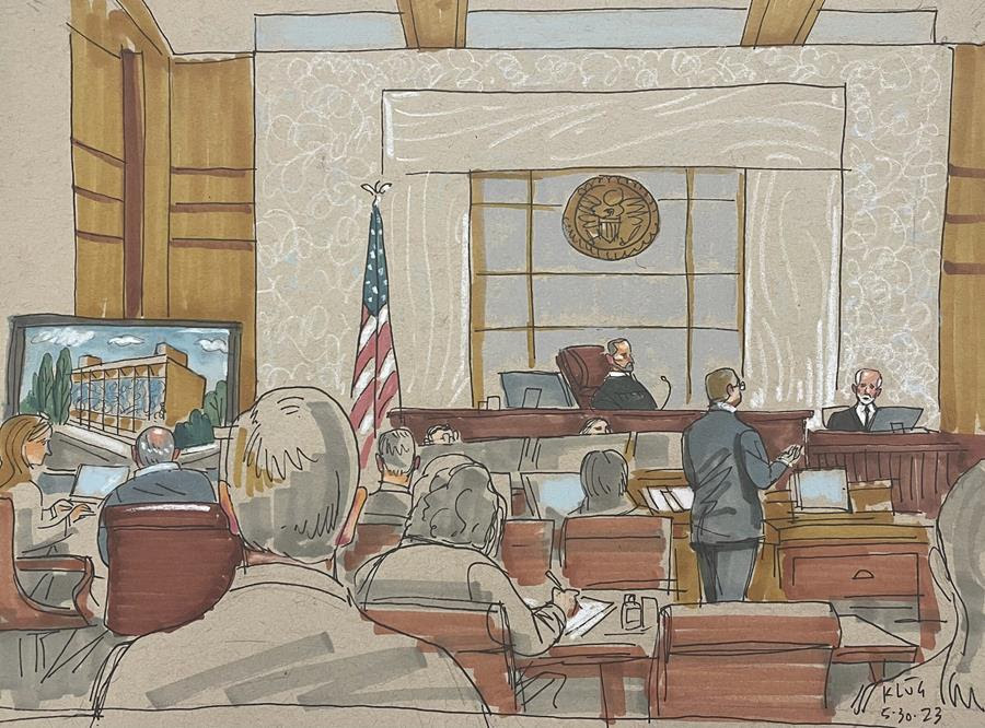 A courtroom sketch of the trial of Robert Bowers, the suspect in the 2018 Pittsburgh synagogue massacre.