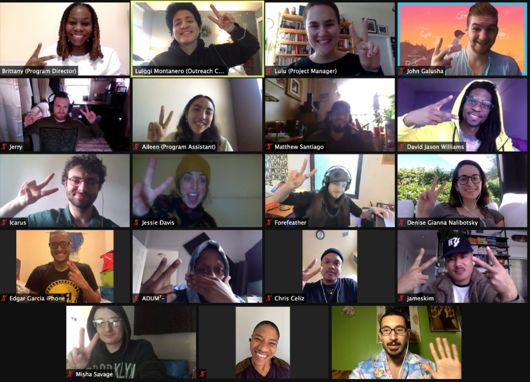 A screenshot of BEAT's staff meeting on zoom with the admin team as well a teaching artists.