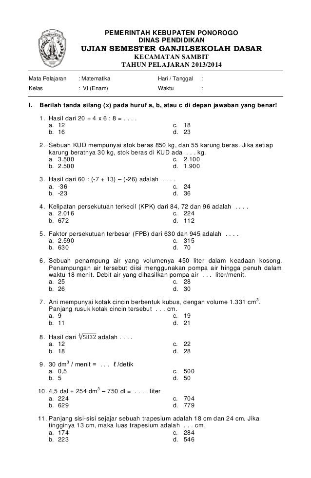 Contoh Latihan Soal Kumpulan Soal Uts Matematika Kelas 5 Kurikulum 2013