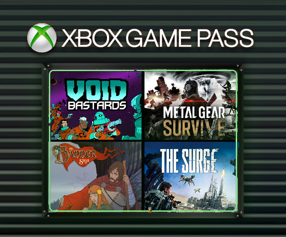 Games that are available with Xbox Game Pass, including Void Bastards, Metal Gear Survive, Banner Saga 1, and The Surge.