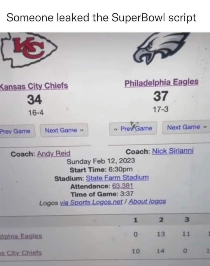 Image of what appears to be a sheet summarizing results of Superbowl yet to be played. In it the Eagles win 37-34.