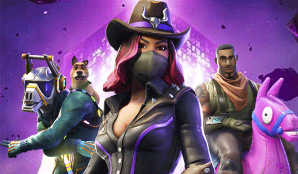 Use this copy: An eclectic group of Fortnite characters pose in various flashy outfits.
