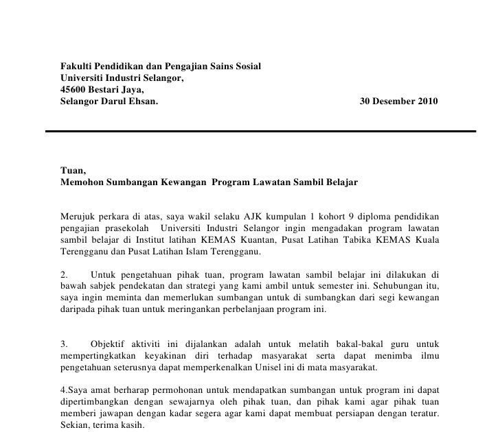 Contoh Surat Kiriman Rasmi Permohonan Dana