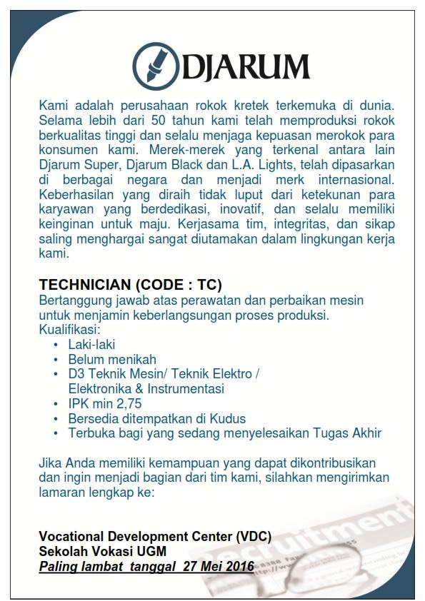 Pt djarum adalah sebuah perusahaan rokok terbesar keempat di indonesia yang berkantor pusat di kudus, jawa tengah. Informasi Lowongan Kerja Pt Djarum Alumni Sekolah Vokasi