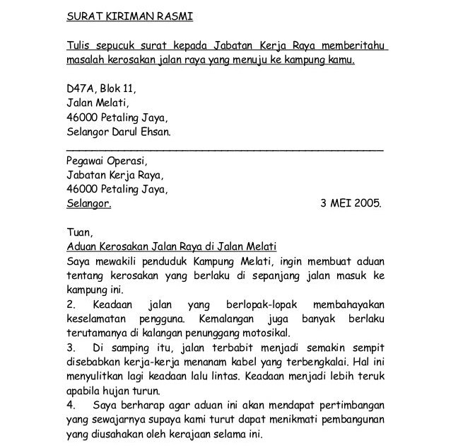 Surat Kiriman Rasmi Tentang Aduan Masalah Pencemaran 