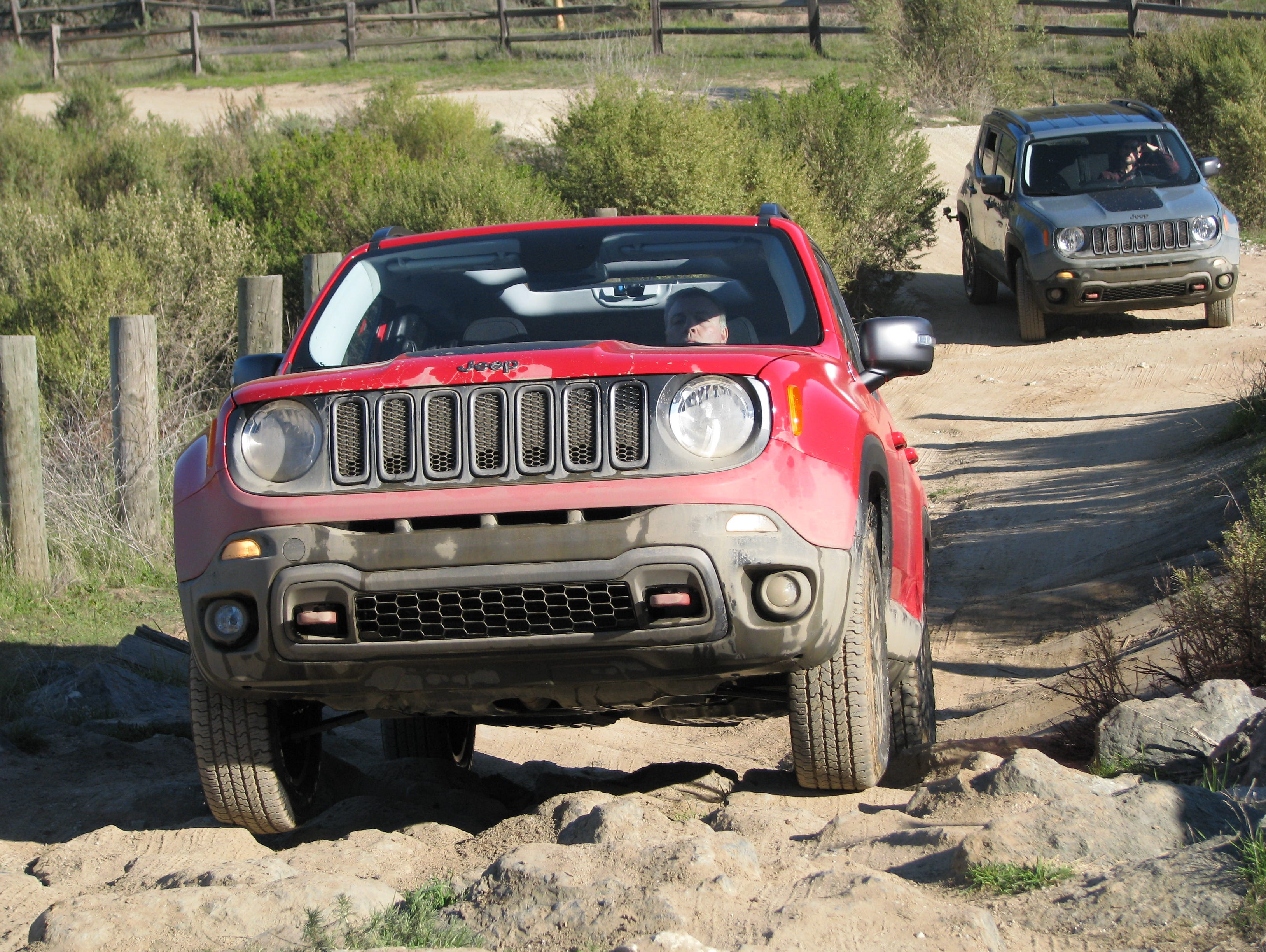 jeep is introducing its new small crossover, the  Renegade. It says it can handle rough terrain. Here it is crawling over the rocks.