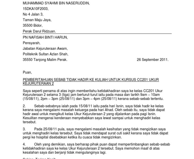 Contoh Surat Sebab Tidak Hadir Kuliah  Contoh Surat