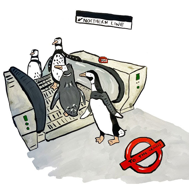 Cartoon drawing of penguins going down an Underground escalator with a red roundel