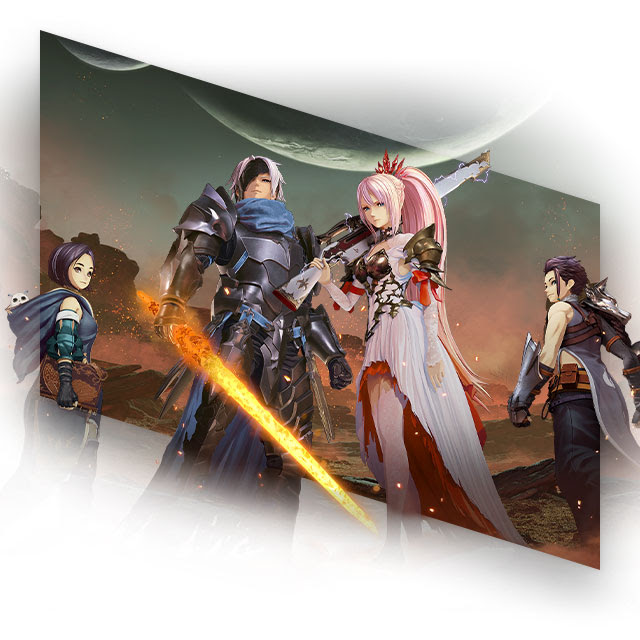 Key art for Tales of Arise featuring Alphen, Shionne, Rinwell, Hootle, and Law of the main character cast.