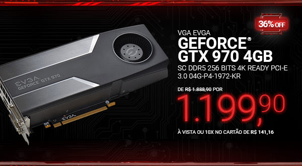 Placa de Vídeo VGA EVGA GeForce GTX 970 4GB SC DDR5 256 bits 4K Ready PCI-E 3.0 04G-P4-1972-KR
