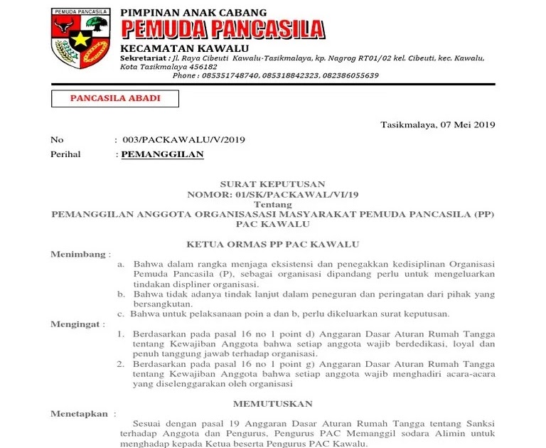 Contoh Surat Pengunduran Diri Organisasi Pemuda Pancasila ...