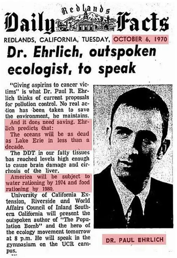 News clipping from 1970 outlining Paul Erlich predictions of famine, water shortages and food rationing predicted to occur on or before 1980.