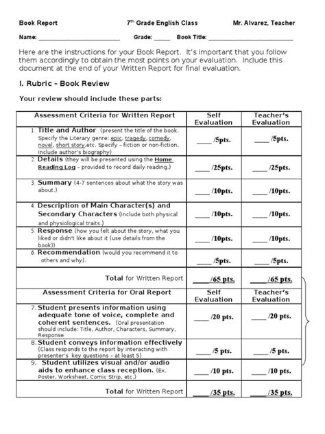 Book Report 7th Grade English Class | Rubric (Academic