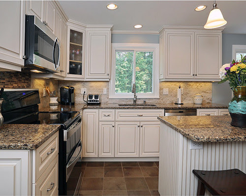 Tile floor medium brown cabinets tile backsplash granite. Cambria Canterbury White Cabinets Backsplash Ideas
