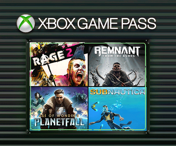 The Xbox Game Pass logo above an animated two-by-two rectangle of cover art for the games Rage 2, Remnant: From the Ashes, Age of Wonders: Planetfall, and Subnautica that periodically zooms in and out of each game's art.