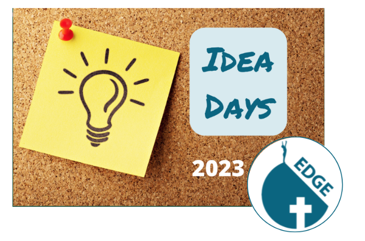 Pin board that has a sticky note with a lightbulb drawn and text that says Idea Days 2023