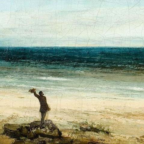 A painting of a figure stood on a rock looking out to sea