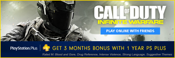 CALL OF DUTY® INFINITE WARFARE | PLAY ONLINE WITH FRIENDS | PlayStation®Plus | GET 3 MONTHS BONUS WITH 1 YEAR PS PLUS | Rated M: Blood and Gore, Drug Reference, Intense Violence, Strong Language, Suggestive Themes
