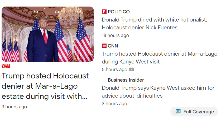 Screenshot of various dubious news stories about Trump. All hint at him being antisemitic.