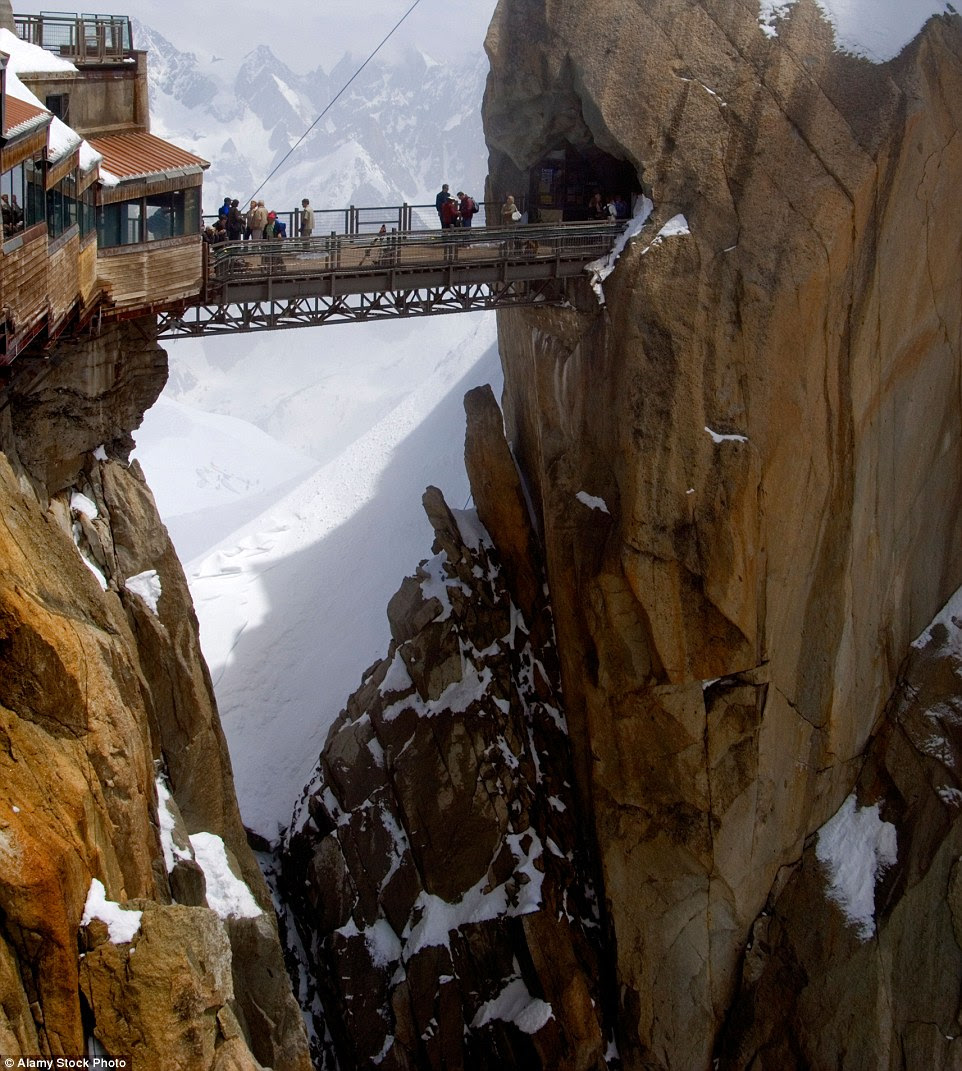 This viewing platform at                                                           the Aiguille                                                           Du Midi                                                           mountain in                                                           Chamonix-Mont-Blanc                                                           more than                                                           earns its                                                           place on the                                                           list with its                                                           terrifying                                                           9,200ft drop