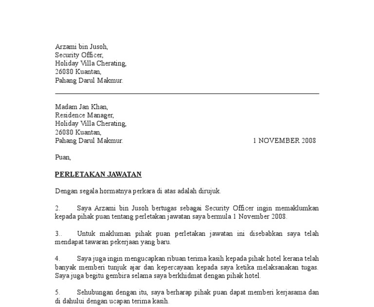 Contoh Surat Rasmi Perletakan Jawatan Kerajaan - Klewer h