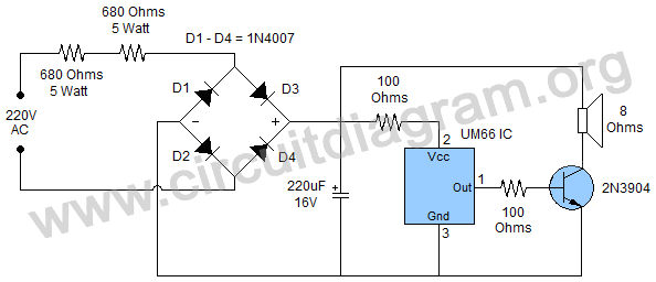 The features of the um66 ic is given below Easy 220v Doorbell Using Um66 Ic Circuit Diagram