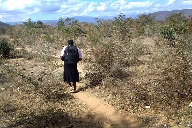 The Rev. Annamore Kahlari walks home from the Nemanje United Methodist Church, one of five congregations she serves near Makoni Buhera, Zimbabwe. The church is about 15 miles from her home. Photo by Chenayi Kumuterera, UM News.