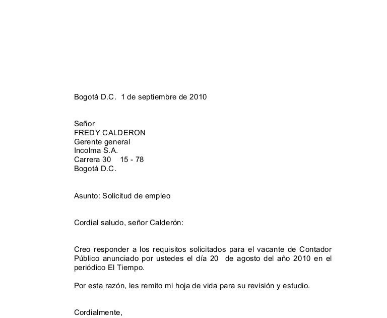 Carta De Solicitud De Empleo En Ingles Y EspaÃ±ol Sample