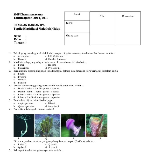 Soal Dan Jawaban Klasifikasi Makhluk Hidup Kelas 10