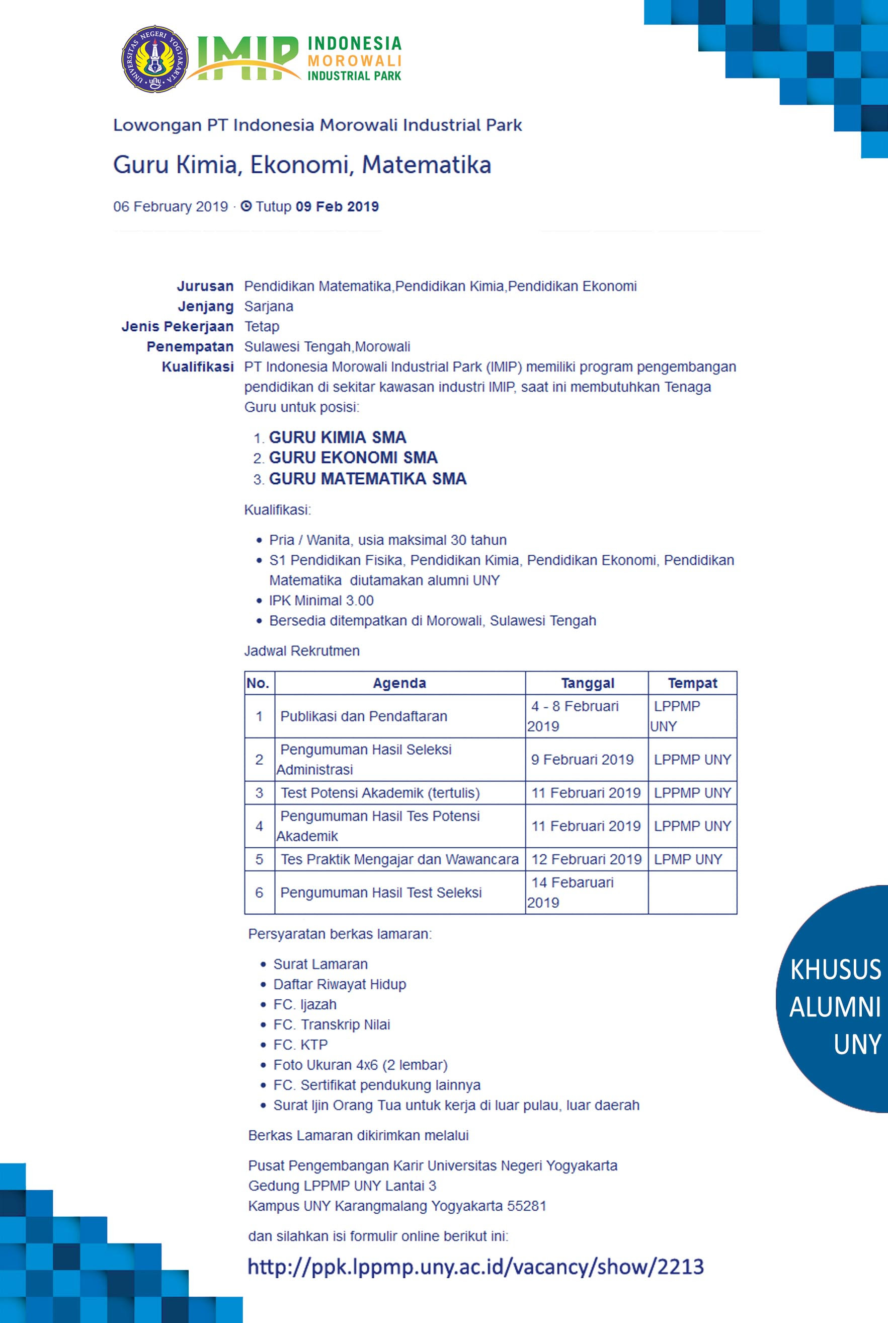 Pengertian surat lamaran kerja adalah surat permohonan. Lowongan Guru Pt Imip Kantor Urusan Internasional Dan Kemitraan