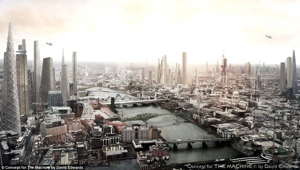 Following reports London is set to get a staggering 250 new high rises and skyscrapers over the next decade, a British architect has created his own vision of the capital's future, pictured. In David Edwards' concept designs, wind turbines are built on the Thames, Waterloo Bridge is transformed into a garden and The Shard is upstaged by a series of pointed skyscrapers all over the city