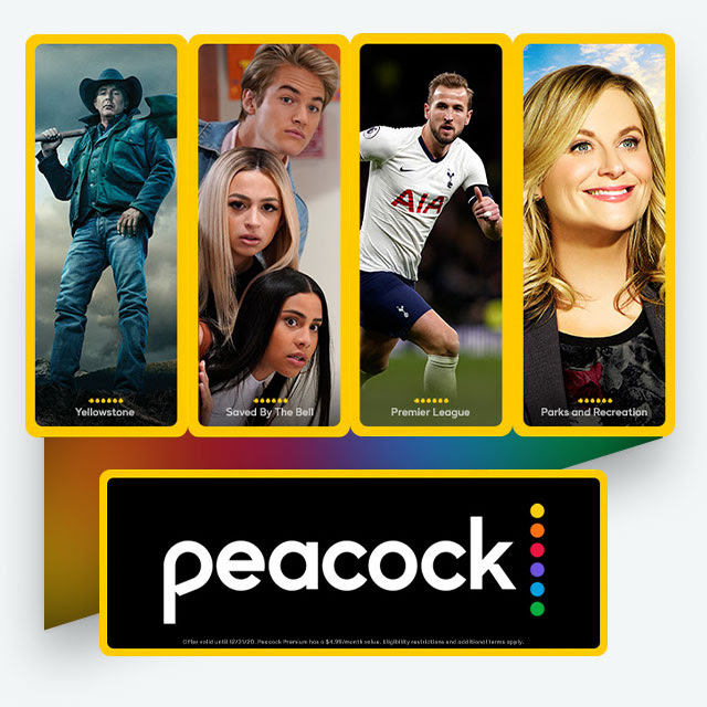 Key art for Peacock featuring Yellowstone, Saved By The Bell, Premier League, and Parks and Recreation.